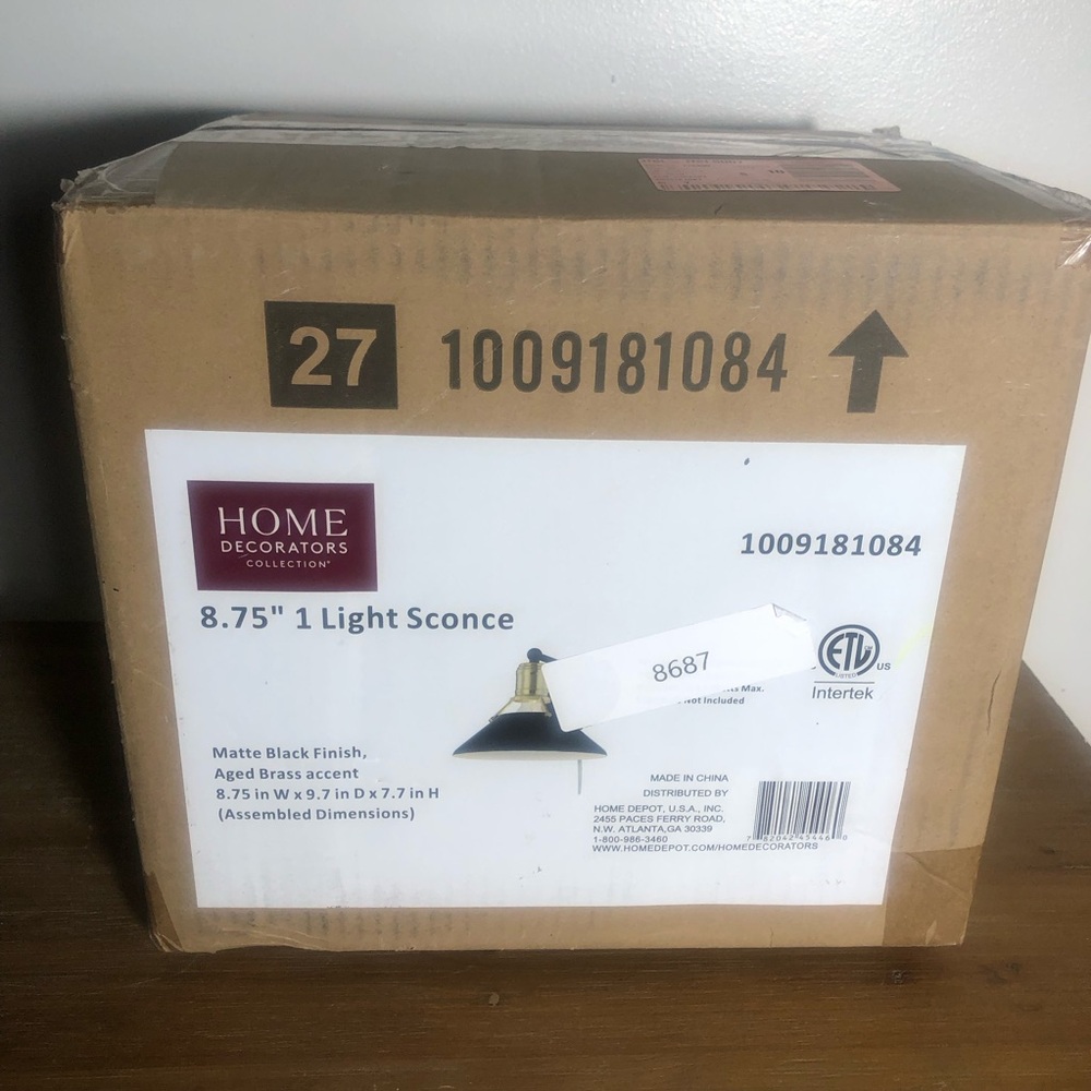 Home Decorators Collection 8.75 inch 1-Light Sconce Matte Black Lighting. New